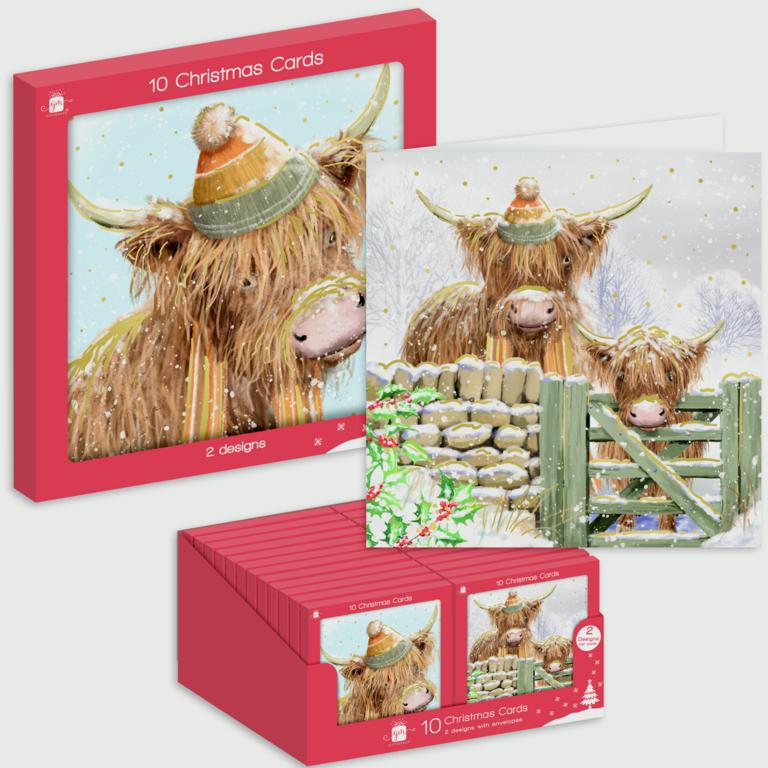 Giftmaker Square Highland Cow Christmas Cards - Pack 10