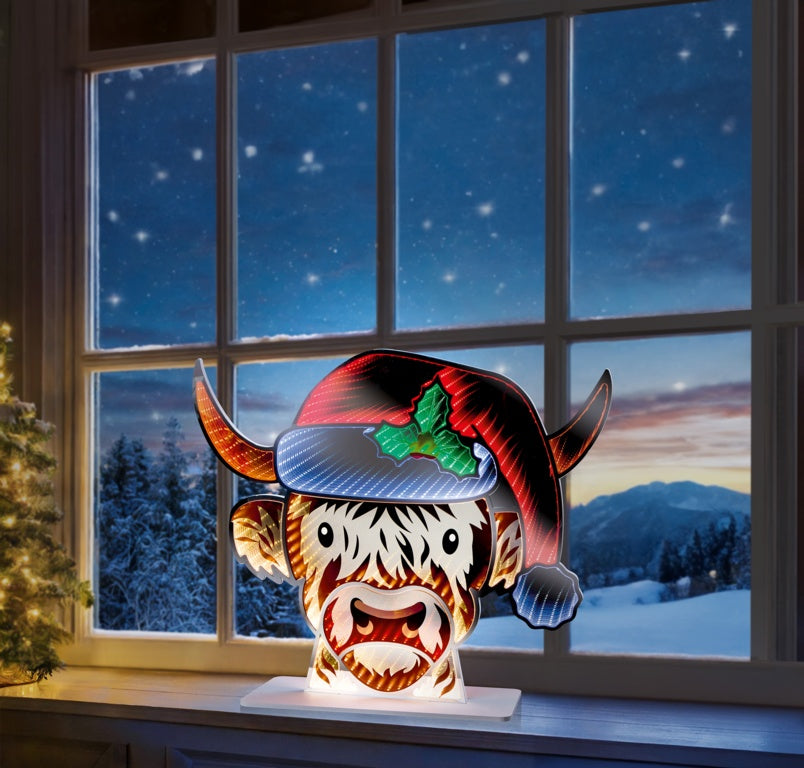 Premier Highland Cow Head With Santa Hat Infinity Mirror - 40cm