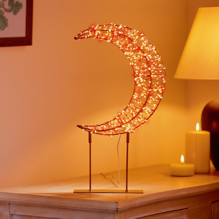 Premier Twinkling Lit Gold Table Top Crescent Moon - 45cm Red/Warm White