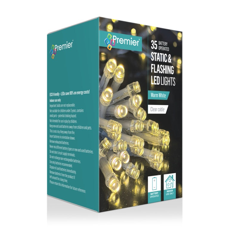 Premier 35 LED Static & Flashing Lights - Warm White/Clear Cable