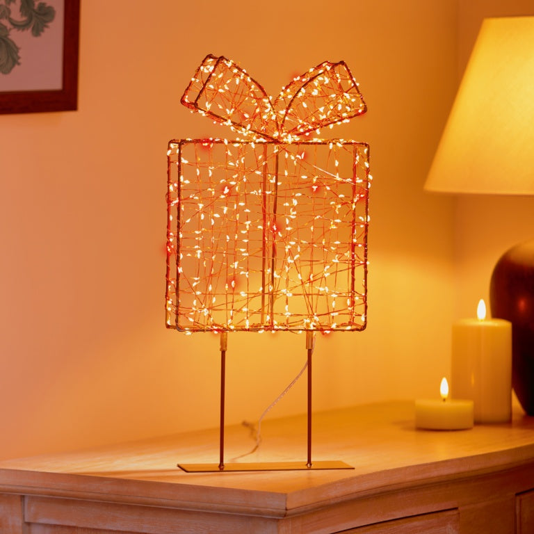 Premier Twinkling Lit Gold Table Top Parcel - 45cm Red/Warm White