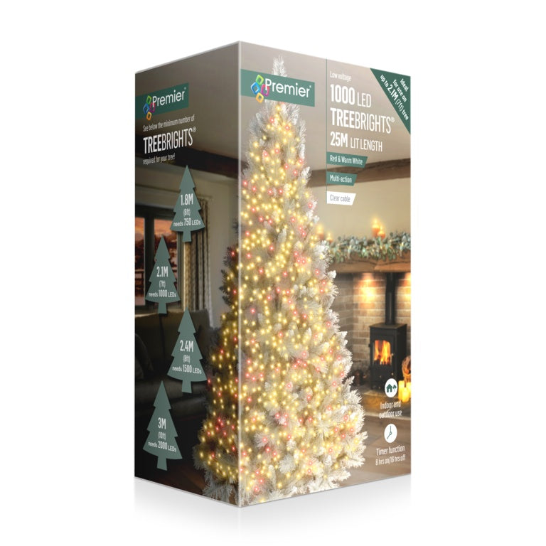 Premier 1000 LED Multi Action Treebrights - Red/Warm White - Clear Cable