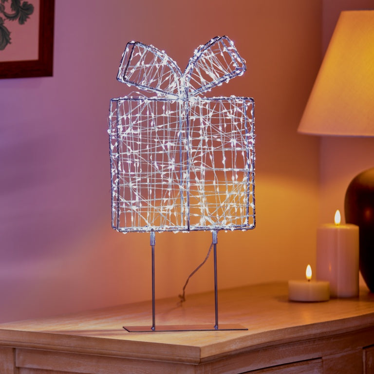 Premier Twinkling Lit Silver Table Top Parcel - 45cm