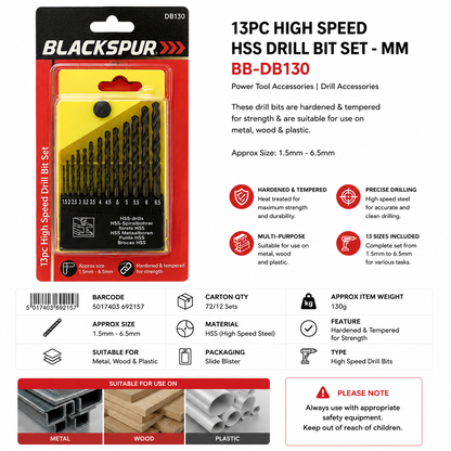 Blackspur 13PC HSS Drill Bit Set 1.5mm–6.5mm BB-DB130 – High Speed Steel Drill Bits - Default Title