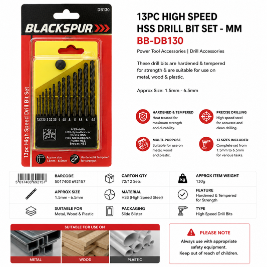 Blackspur 13PC HSS Drill Bit Set 1.5mm–6.5mm BB-DB130 – High Speed Steel Drill Bits