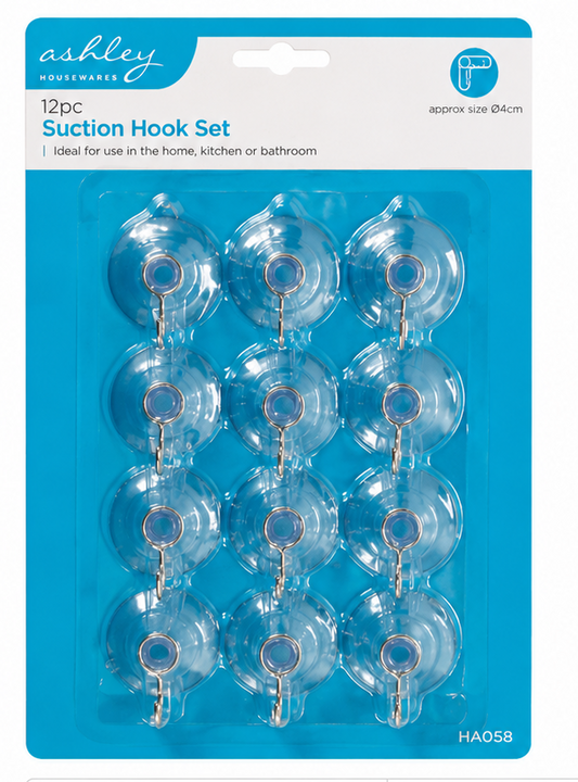 Ashley 12PC Suction Hook Set – Clear Reusable Hooks for Kitchen &amp; Bathroom