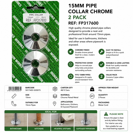 Iron Works 15mm Chrome Pipe Collars 2 Pack – Decorative Pipe Covers FP317600
