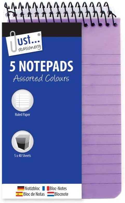 Just Stationery Neon Lined Notepads – Pack of 5 Assorted Colours, 40 Sheets Each