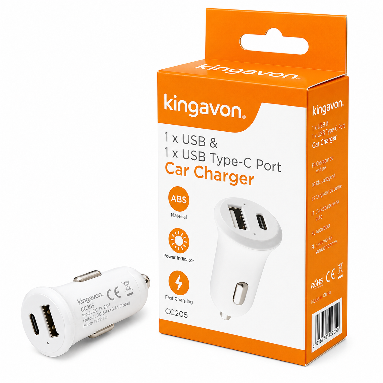 Kingavon 1 x USB-A &amp; 1 x USB-C In-Car Charger BB-CC305 – 12W Dual Port Car Adapter
