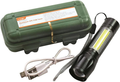 Kingavon Rechargeable Aluminium XPE COB Torch with Zoom – Black LED Torch