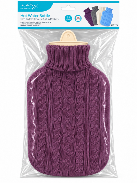 Ashley Hot Water Bottle with Knitted Cover 2L Four Colours To Choose From