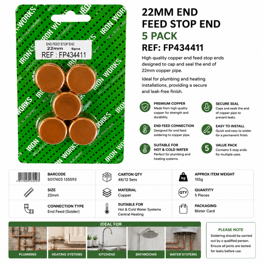 Iron Works 22mm End Feed Stop Ends 5 Pack – Copper Plumbing Fittings