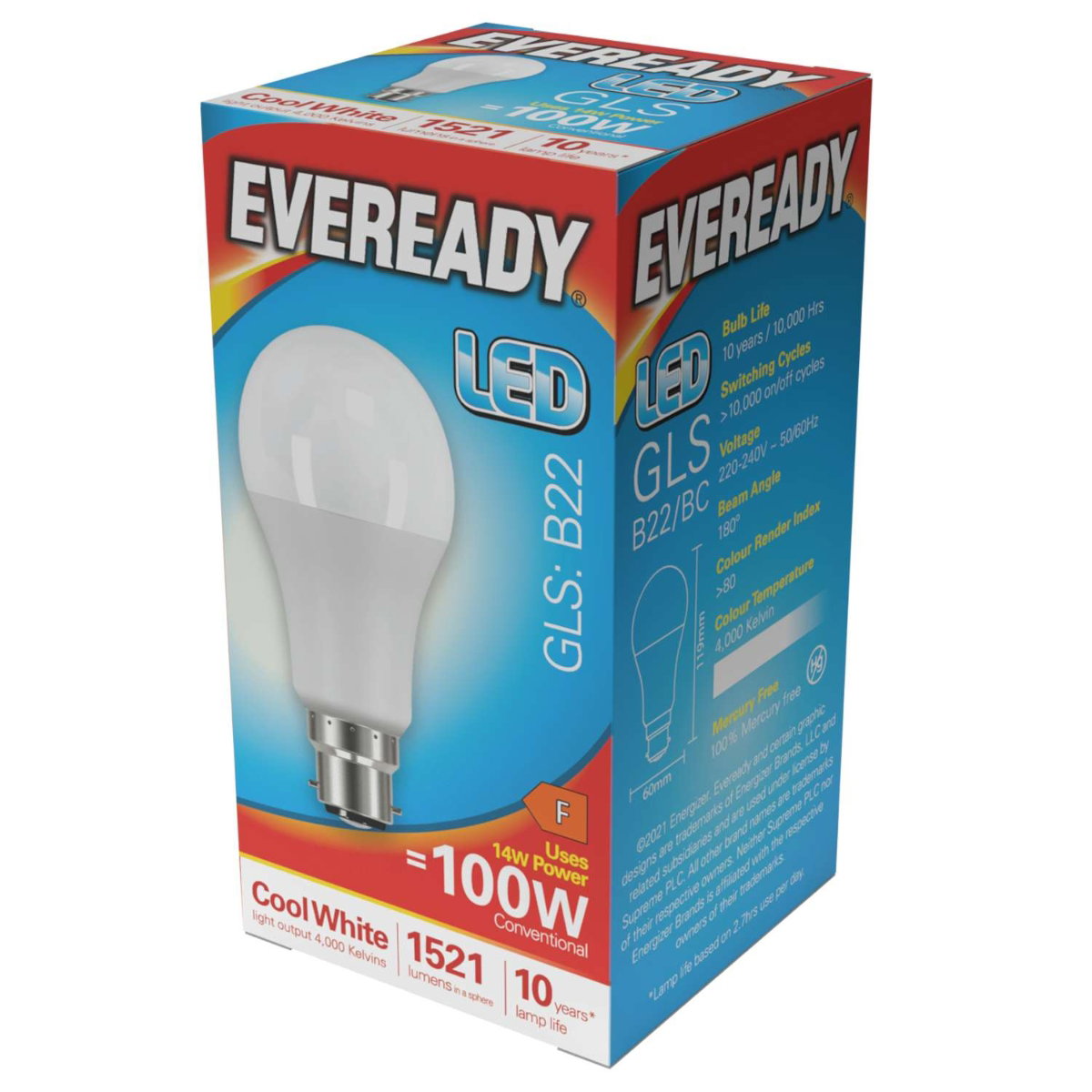 Eveready LED GLS B22 14W Bulb S14316 – 1,521 Lumens 4000K Cool White