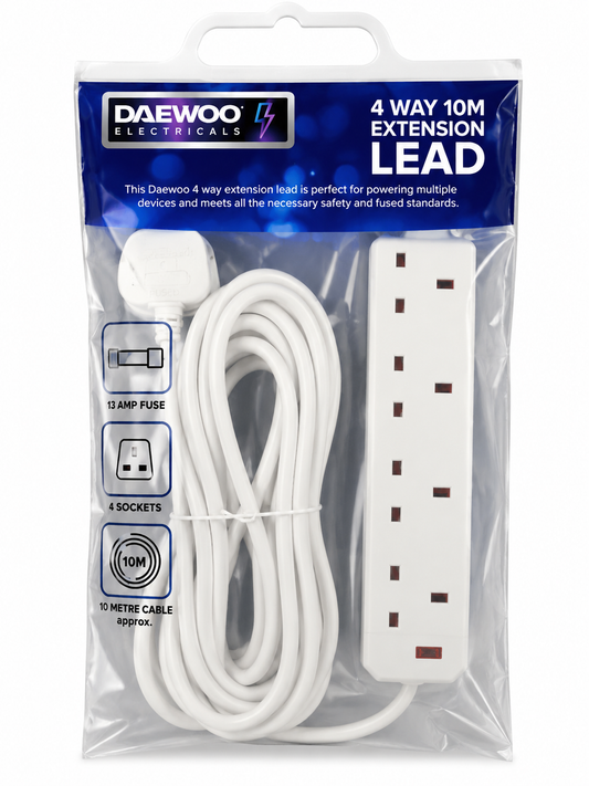 Daewoo 4 Gang Standard Extension Lead 10 Metre – 4 Socket UK Mains Extension - Default Title - Default Title