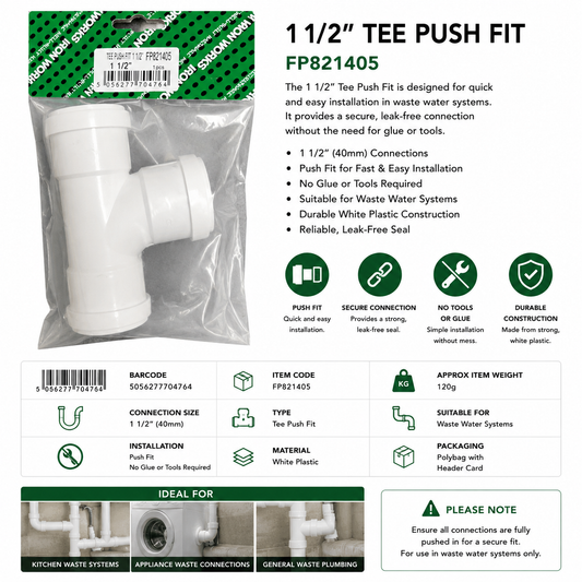 Iron Works 1 1/2" Tee Push Fit FP821405 – 40mm Waste Pipe Connector
