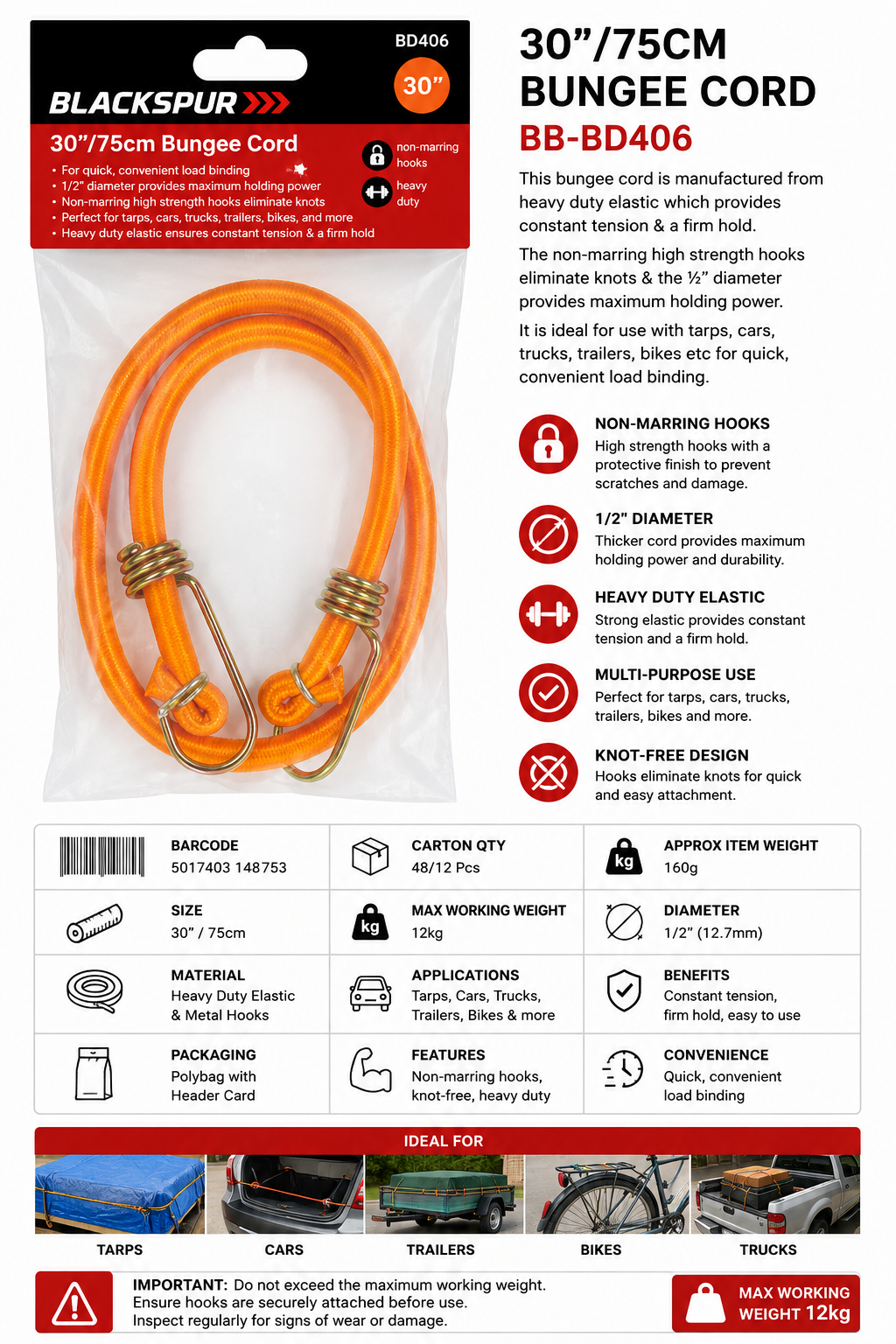 Blackspur 30"/75cm Bungee Cord – Heavy Duty Elastic Tie Down Cord