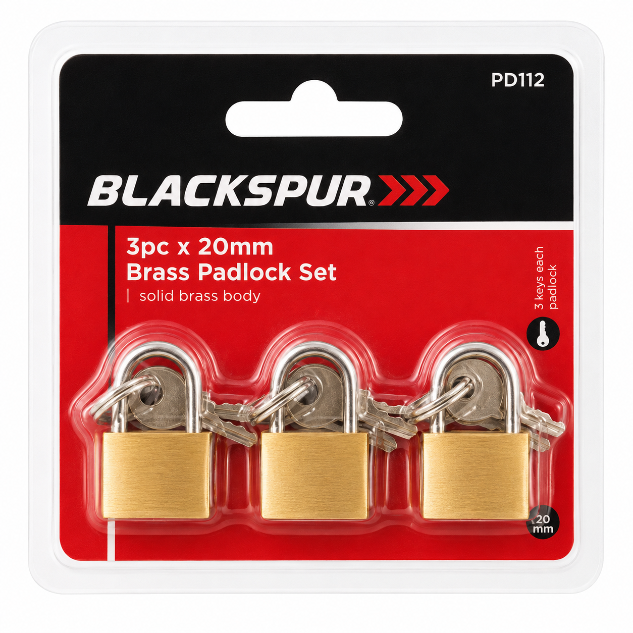 Blackspur 3PC 20mm Brass Padlock Set BB-PD112 – Solid Brass Padlocks with 3 Keys Each