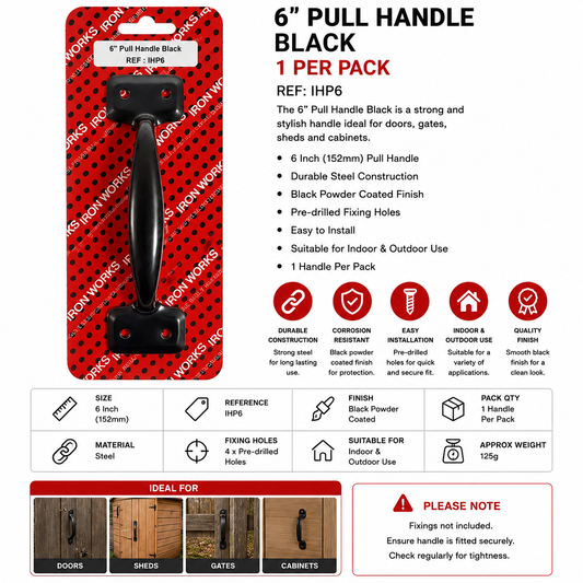 Iron Works Black Pull Handles 6" & 8" – Door, Gate, Shed &amp; Cabinet Handles IHP6 / IHP8