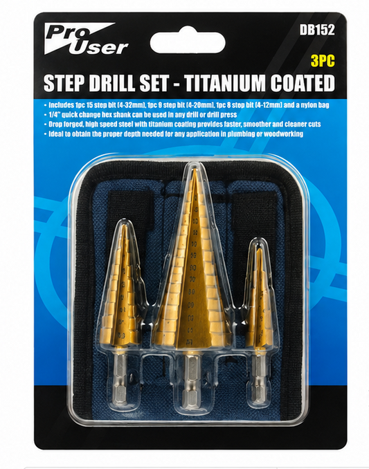 Pro User 3PC Titanium Coated Step Drill Set BB-DB152 – HSS 4mm to 32mm