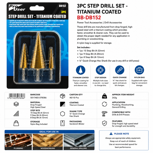 Pro User 3PC Titanium Coated Step Drill Set BB-DB152 – HSS 4mm to 32mm