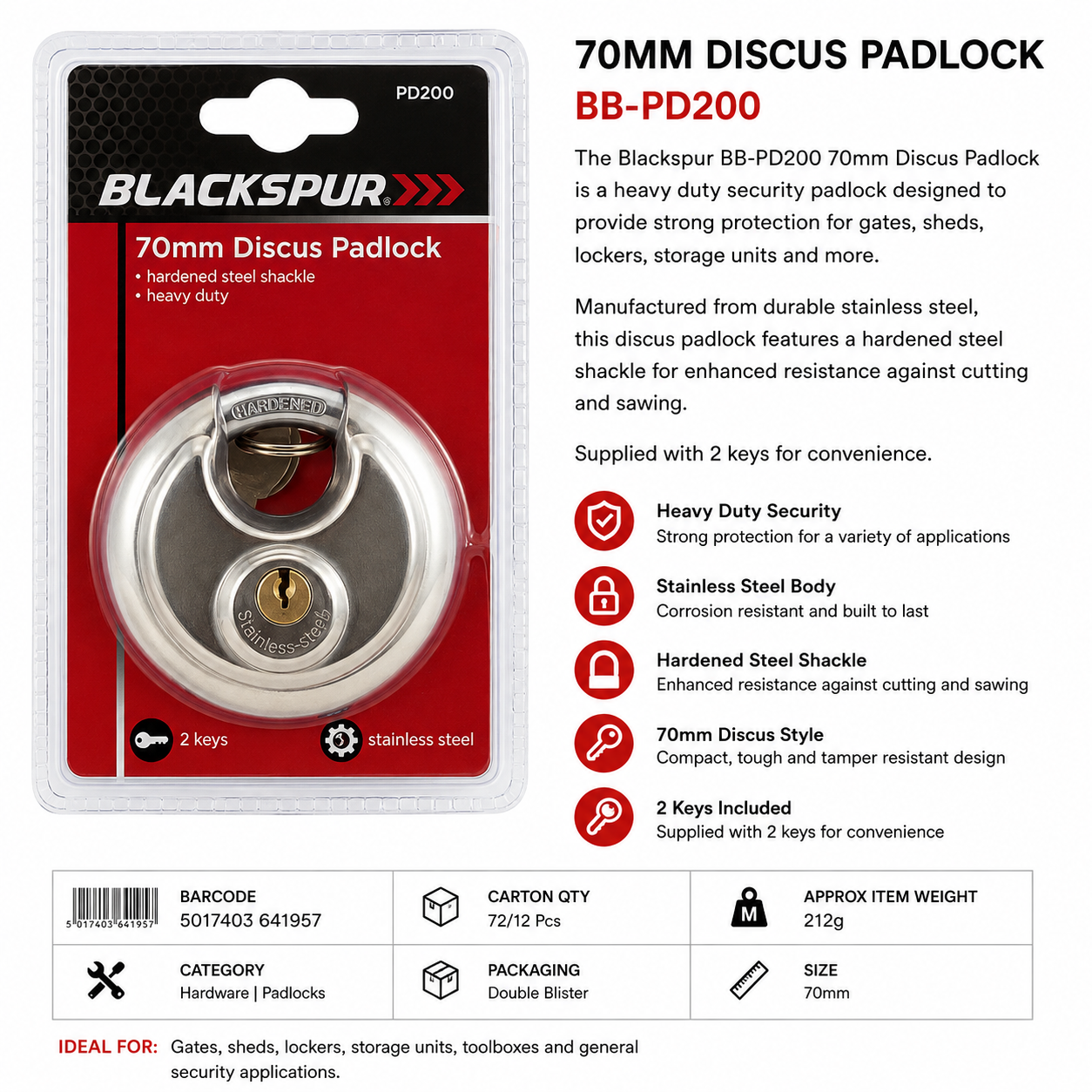 Blackspur 70mm Discus Padlock – Heavy Duty Stainless Steel Security Lock