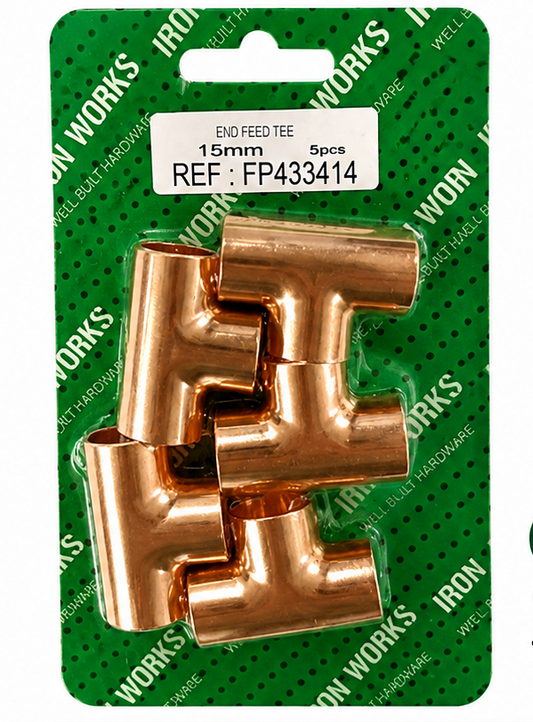 Iron Works 15mm End Feed Equal Tee 5 Pack – Copper Plumbing Fittings FP433414