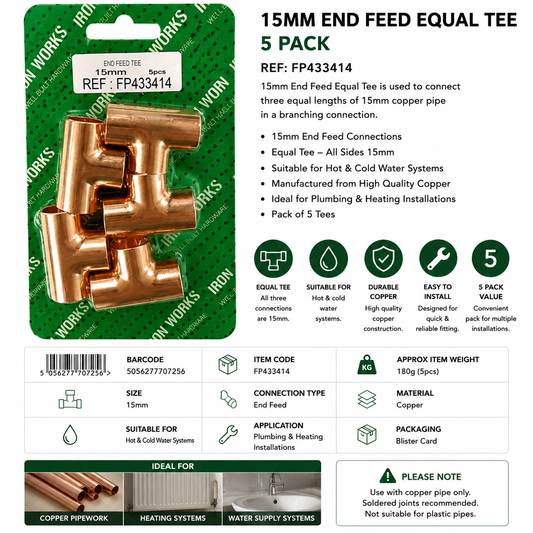 Iron Works 15mm End Feed Equal Tee 5 Pack – Copper Plumbing Fittings FP433414