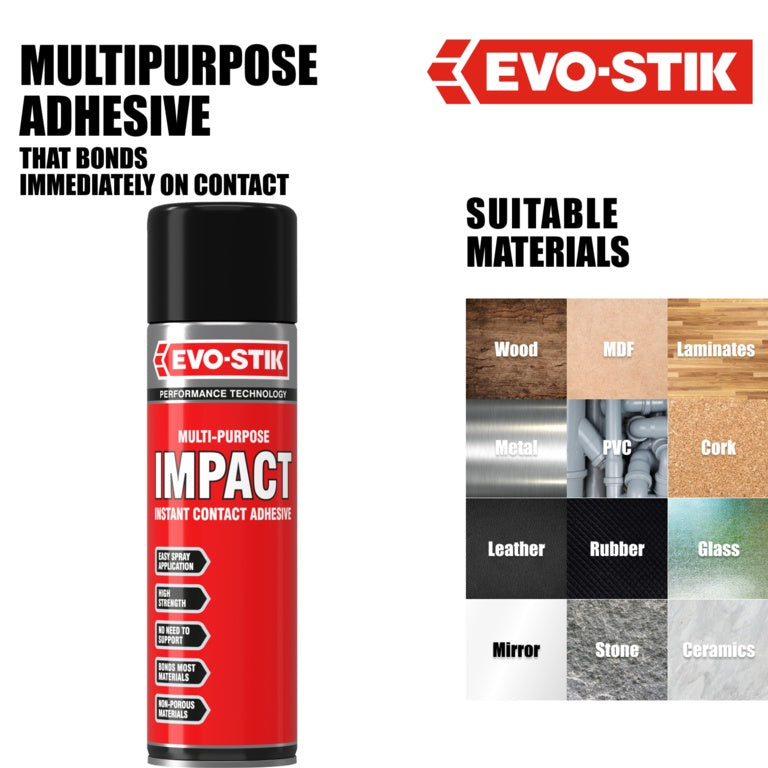 Evo-Stik Impact Adhesive 30g & 65gTube 250ml & 500ml Tin & 500ml Aerosole