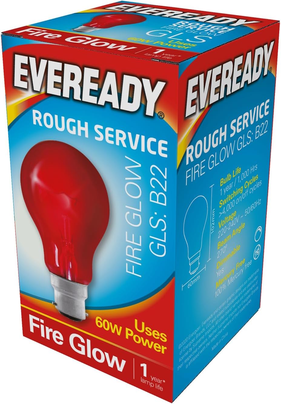 Eveready Fireglow 60W GLS B22 Bulb S855 – Rough Service 240V Bayonet Lamp