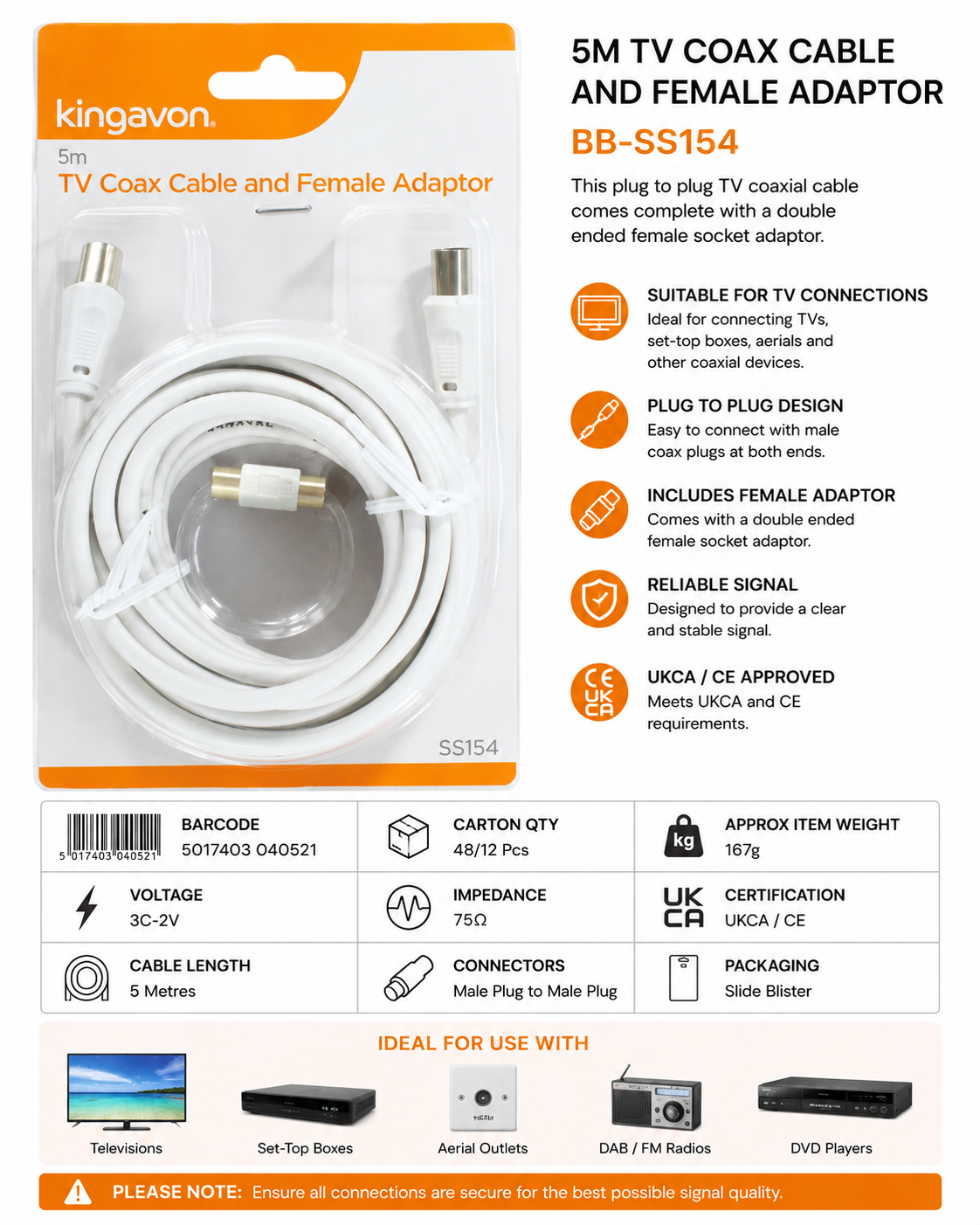 Kingavon 5m TV Coax Cable & Female Adaptor – 75 Ohm Aerial Cable