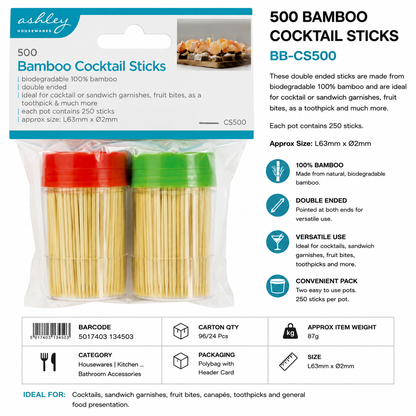 Ashley 500 Bamboo Cocktail Sticks – Double Ended Biodegradable Toothpicks