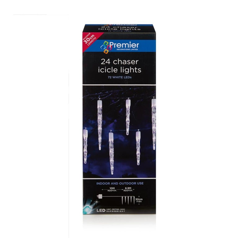 Premier 24 Chaser Icicles Lights - With 72 LEDs - White