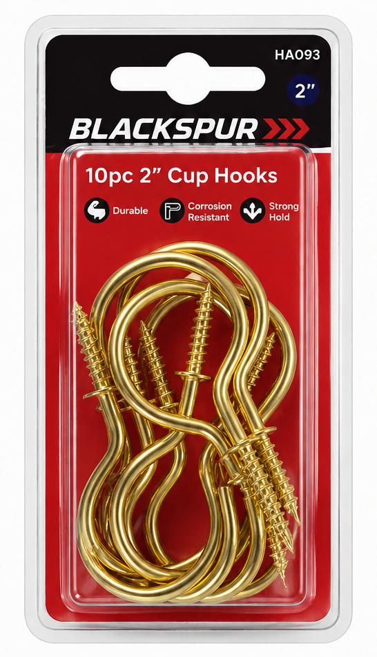 Blackspur 10PC 2" Cup Hooks – Brass Plated Screw-In Hanging Hooks