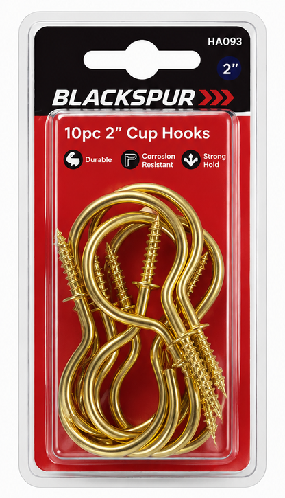 Blackspur 10PC 2" Cup Hooks – Brass Plated Screw-In Hanging Hooks
