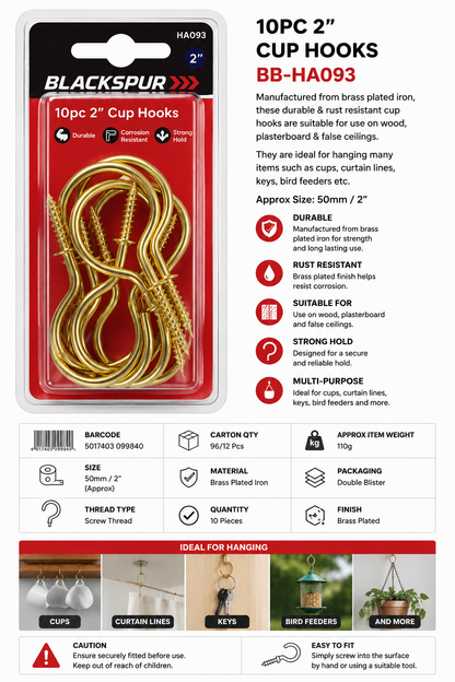 Blackspur 10PC 2" Cup Hooks – Brass Plated Screw-In Hanging Hooks