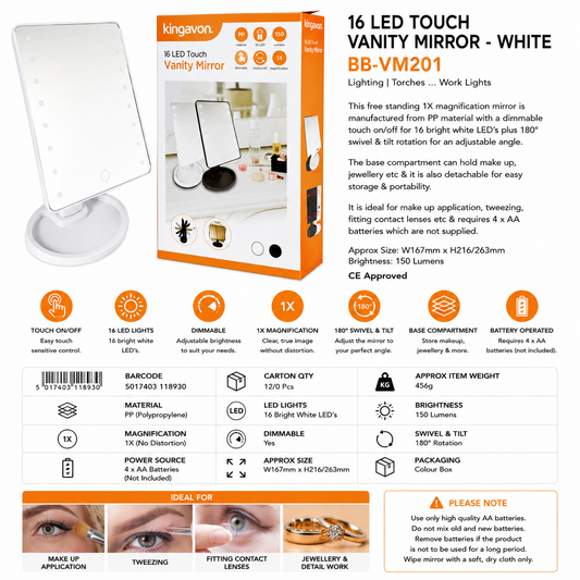 Kingavon 16 LED Touch Vanity Mirror White BB-VM201 – Dimmable Makeup Mirror