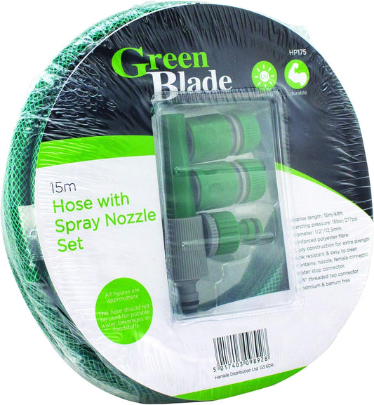 Green Blade 15m x 1/2" 3 Ply Reinforced Hose With Spray Nozzle Set