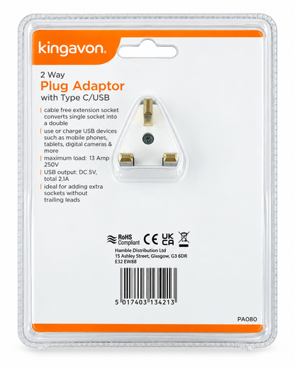 Kingavon 2 Way Plug Adaptor with USB-C & USB BB-PA080 – Double UK Socket & USB Charger