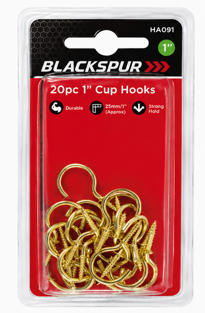 Blackspur 20PC 1" Cup Hooks – Brass Plated Screw-In Hanging Hooks
