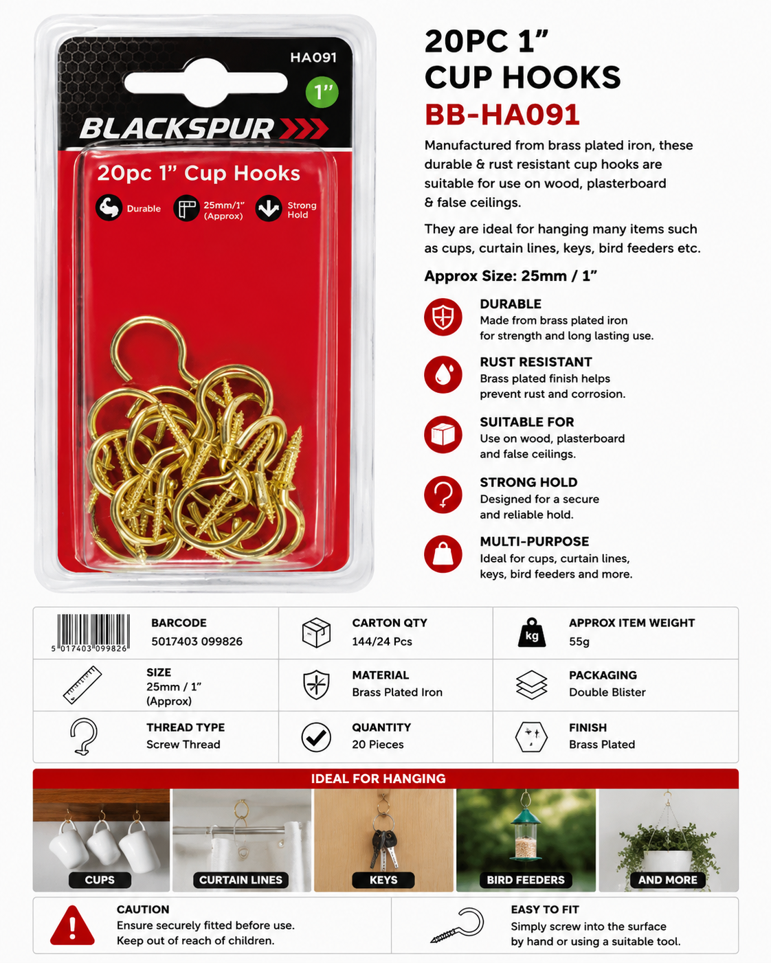 Blackspur 20PC 1" Cup Hooks – Brass Plated Screw-In Hanging Hooks