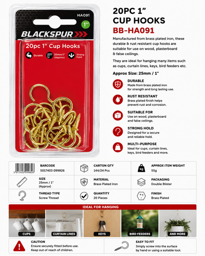 Blackspur 20PC 1" Cup Hooks – Brass Plated Screw-In Hanging Hooks