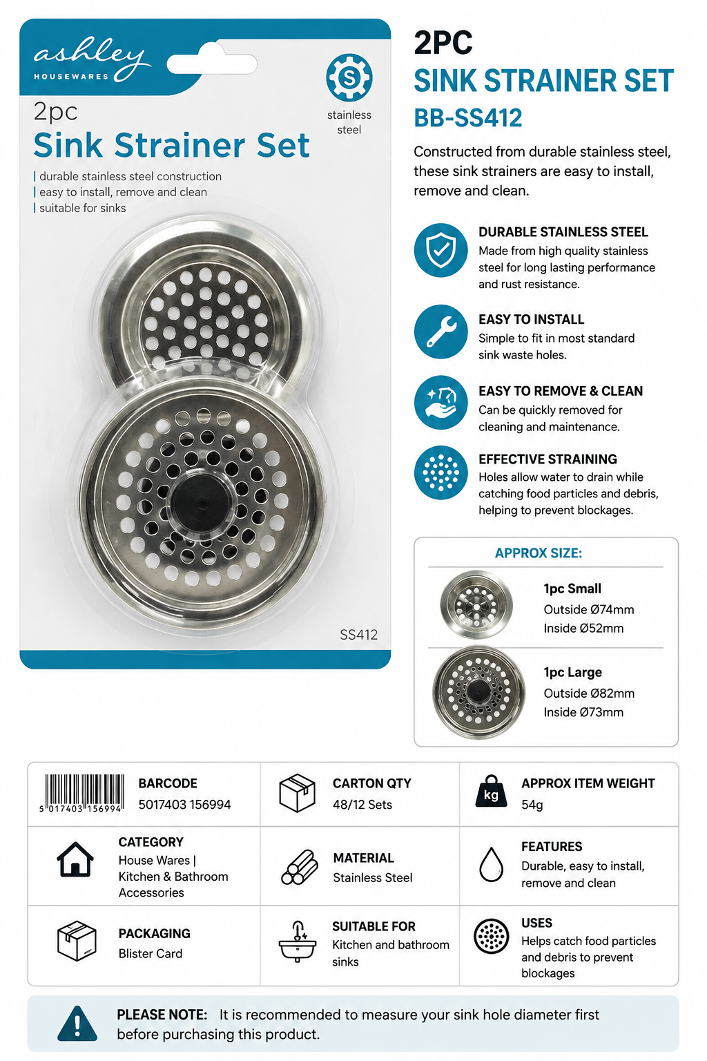 Ashley 2PC Stainless Steel Sink Strainer Set – Kitchen &amp; Bathroom Drain Strainers