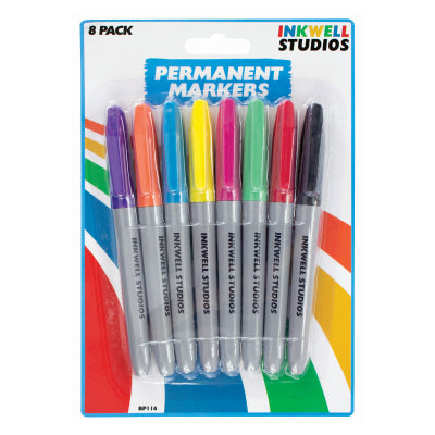 Inkwell 8 Permanent Markers Assorted Colours BB-BP116 – Fine Tip Marker Pens