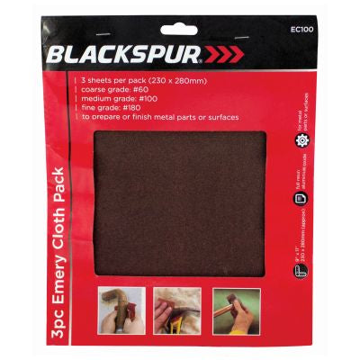 Blackspur 3PC EMERY CLOTH PACK 230 X 280MM - ASSORTED GRIT