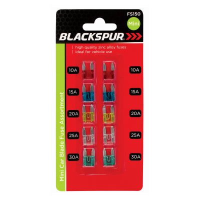 Blackspur Mini Car Blade Fuse Assortment BB-FS150 – 10PC Automotive Mini Fuse Set 10A–30A