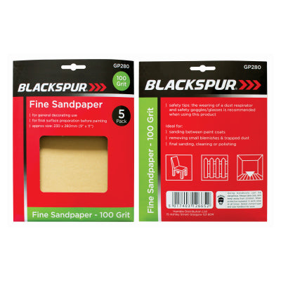 Blackspur FINE SANDPAPER 100 GRIT - 5 PACK