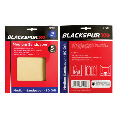 Blackspur MEDIUM SANDPAPER 80 GRIT - 5 PACK