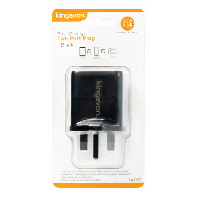 Kingavon 20W Fast Charge Two Port Plug Black BB-PA057 – USB-C PD & USB-A QC 3.0 Charger