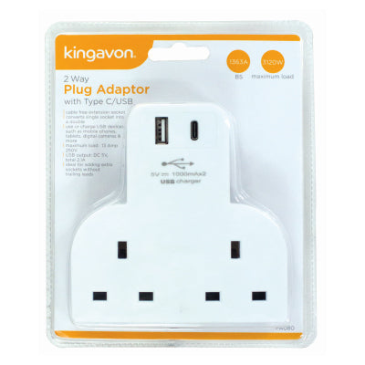 Kingavon 2 Way Plug Adaptor with USB-C & USB BB-PA080 – Double UK Socket & USB Charger