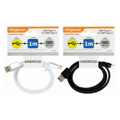 Kingavon 1m USB-A to USB-C Cable BB-USB102 – Fast Charge & Data Transfer – Black or White